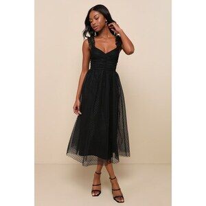 Lulus Forever Celebrated Black Swiss Dot Ruched Tulle Midi Dress - Size M